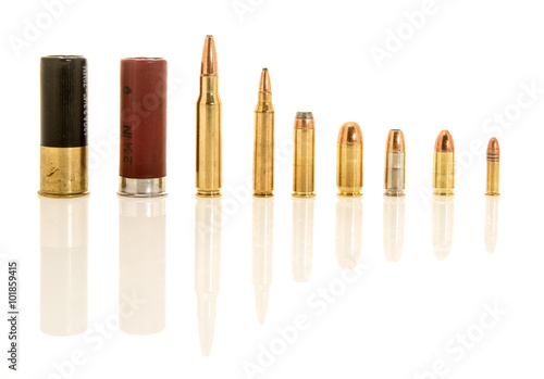 Containing both shotgun shells, rifle and handgun different calibers. Included are 12 guage .308 or 7.62mm NATO, .223 or 5.56mm NATO, .45, .38 special, 9mm hollow point, 9mm, .22 long rifle. photo