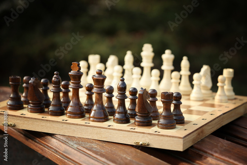 Chess pieces and game board on nature background