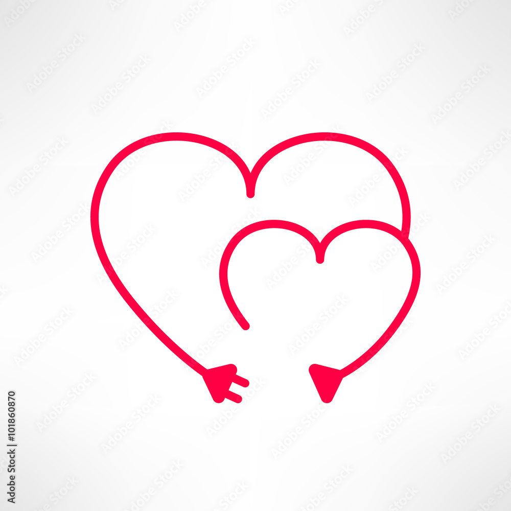Vector two hearts made from electric line with plug. Love connection concept