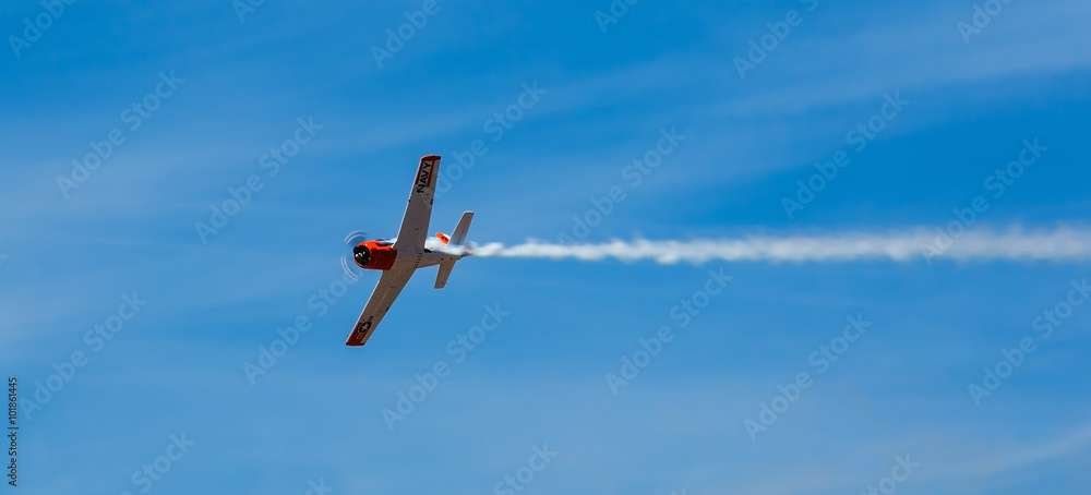 Tableau sur toile A T-3 Texan flies with a smoke trail.