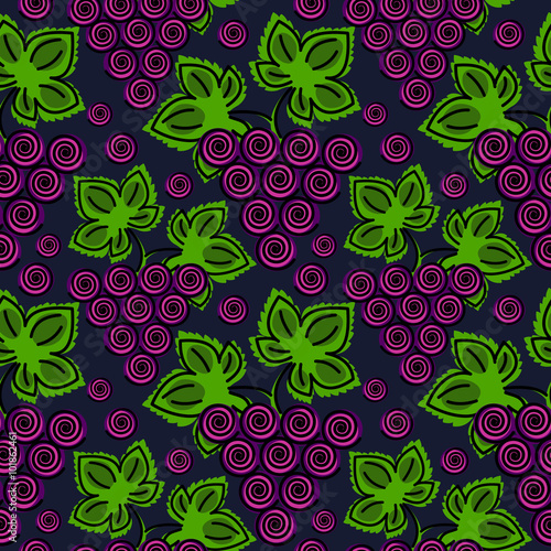 Vector fruits seamless pattern. Bright background with grape and leaves on the blue backdrop. Series of Fruits and Vegetables Seamless Patterns.
