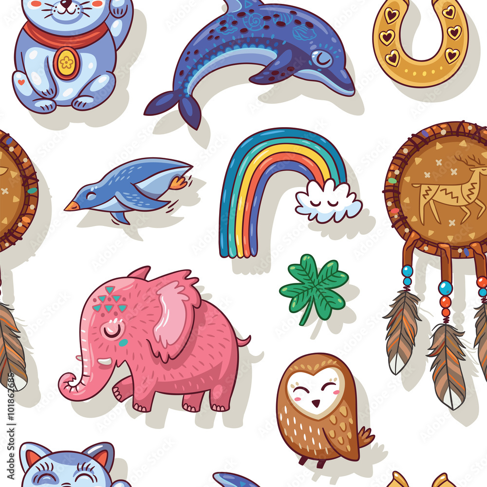 Naklejka premium Seamless pattern with Good Luck charms