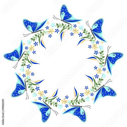 Floral frame with insects. Colorful flower, leaves and butterflies arranged in a shape of the circle. Vector design. Series of Cards, Blanks and Forms.