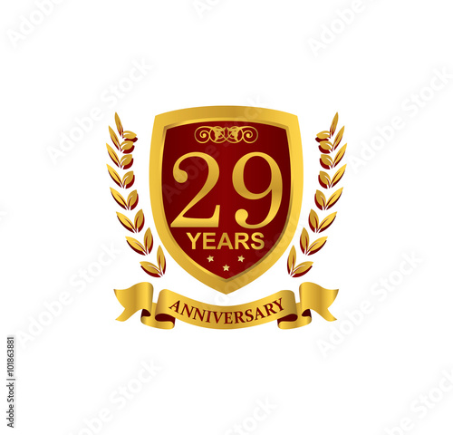 29 anniversary with red golden shield star wreath and ribbon