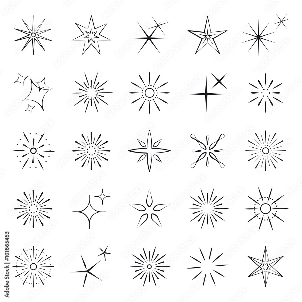 Sparkles, starbursts and fireworks. Black linear icons on white background. Vector illustration