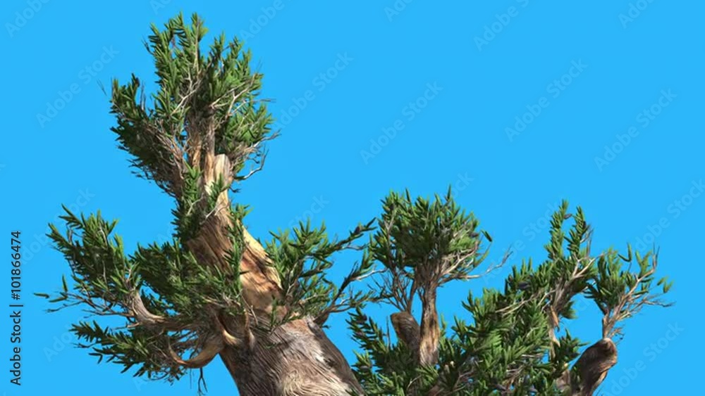 Bristlecone Pine Inclined Trunk Windy Day Green Long Narrow Leaves Are Fluttering Crown in Summer Computer Generated Animation Bristlecone Pine Inclined Trunk Windy Day Green Long Narrow Leaves Are Fluttering Crown in Summer Computer Generated Animation