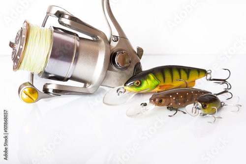 Spinning rod and reel with wobbler lure photo