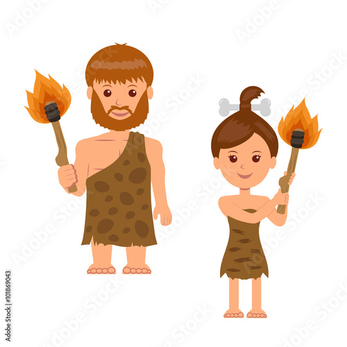 Caveman. A man and a woman holding a torch in his hand. Isolated characters prehistoric people with torches.