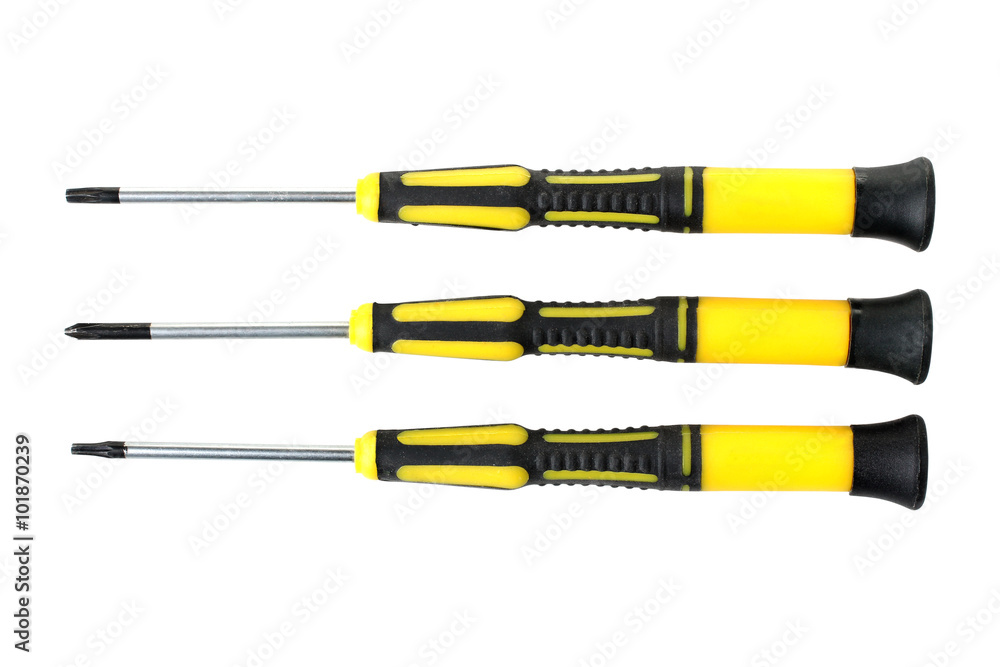 set of different screwdrivers with rubber handles isolated on white background set of different screwdrivers with rubber handles isolated on white background