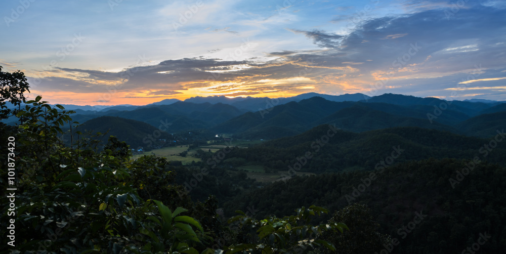 Beautiful sunset skyline over mountain landscape in Maehongson Province, Thailand