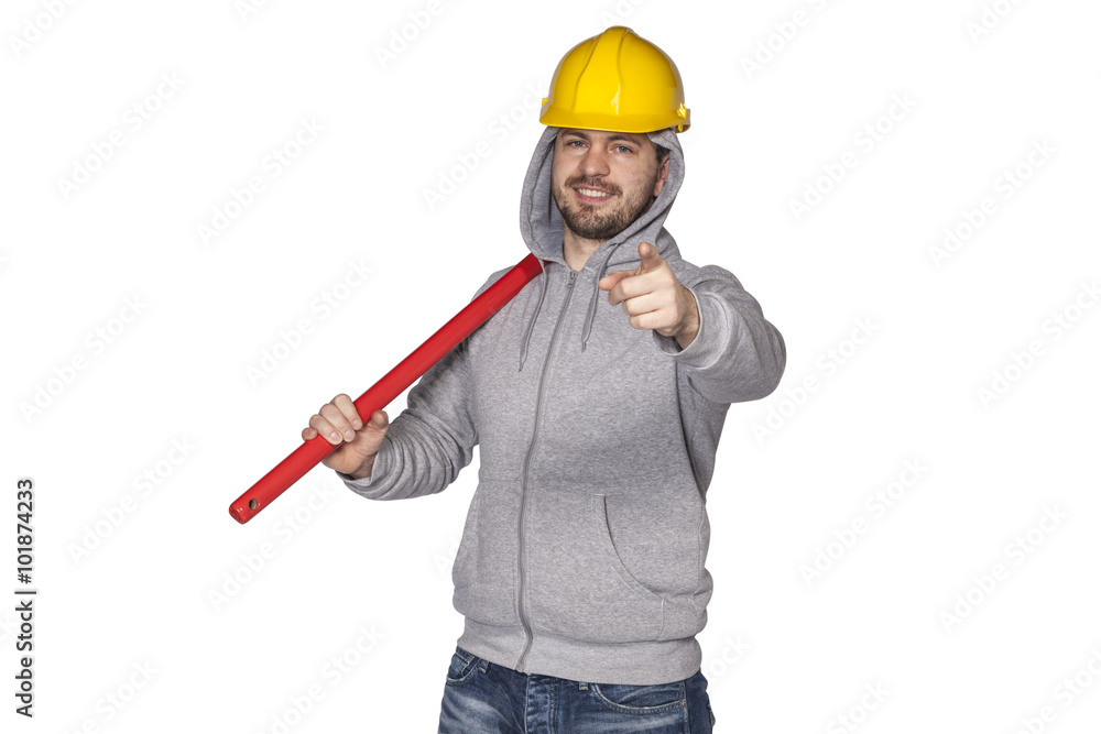 worker on a white background pointing at you worker on a white background pointing at you