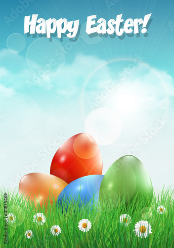Easter eggs on a filed with flowers. Vector illustration.