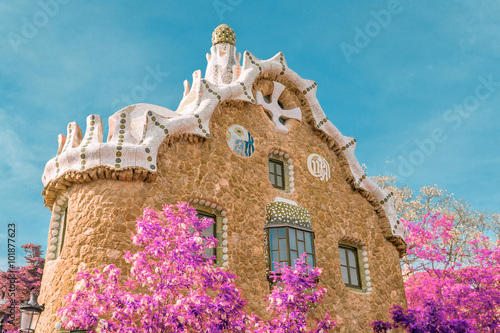 Fairy tale house in Park Guell, Barcelona, Spain.