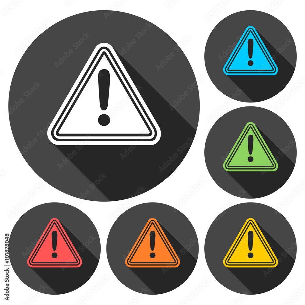 Hazard warning attention sign icons set with long shadow Hazard warning attention sign icons set with long shadow