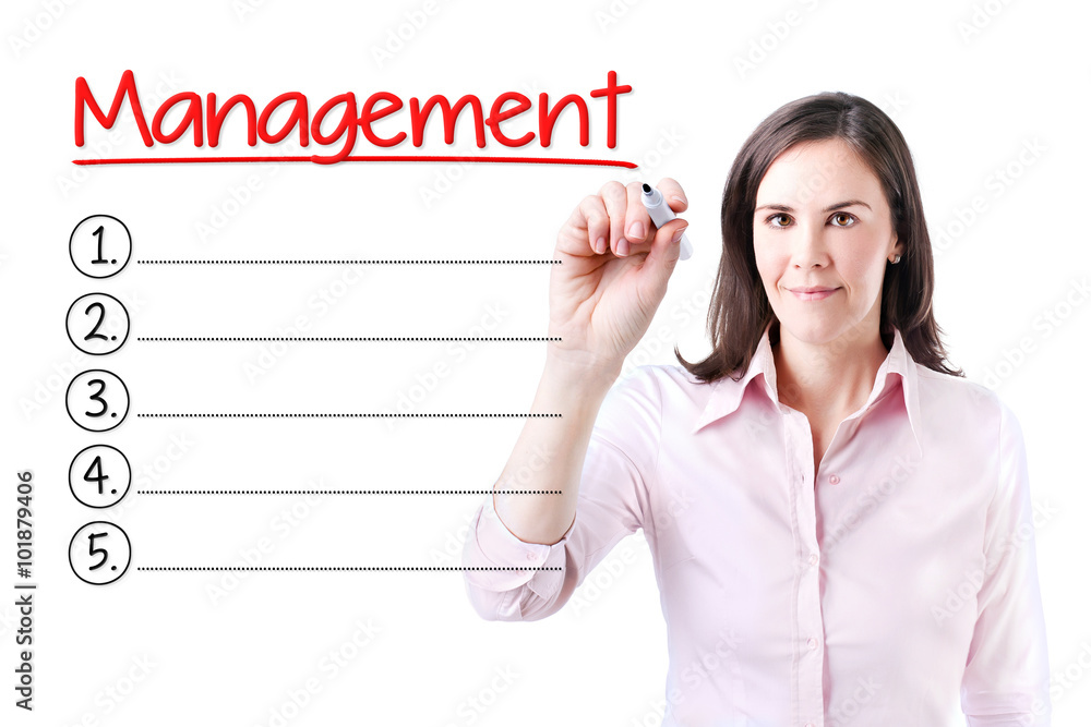 Business woman writing blank Management list. Isolated on white. Business woman writing blank Management list. Isolated on white.