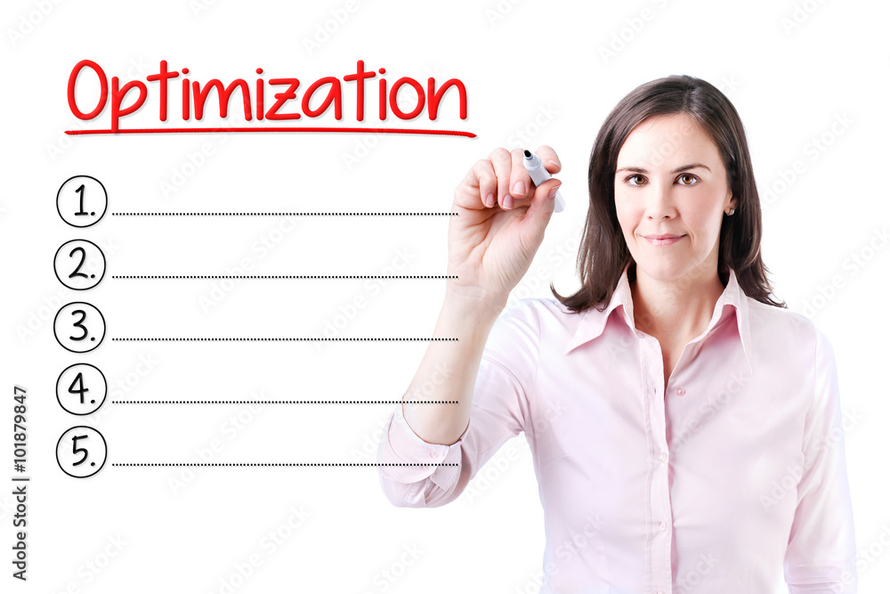 Business woman writing blank Optimization list. Isolated on white. Business woman writing blank Optimization list. Isolated on white.