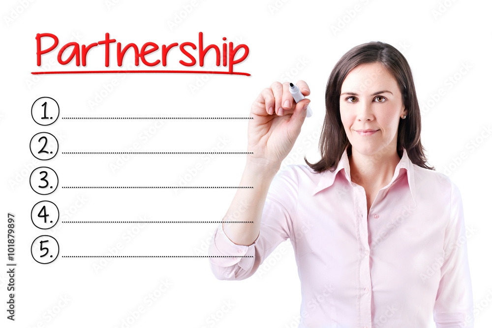 Business woman writing blank Partnership list. Isolated on white. Business woman writing blank Partnership list. Isolated on white.