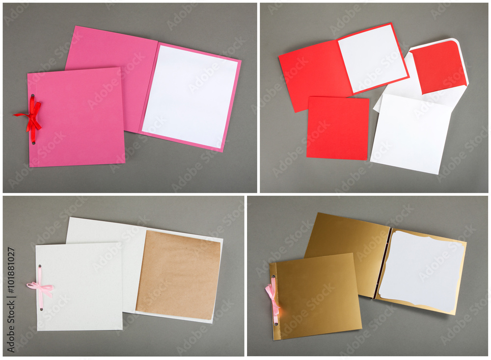 Collection of colorful cards and envelopes over gray background. Collection of colorful cards and envelopes over gray background.