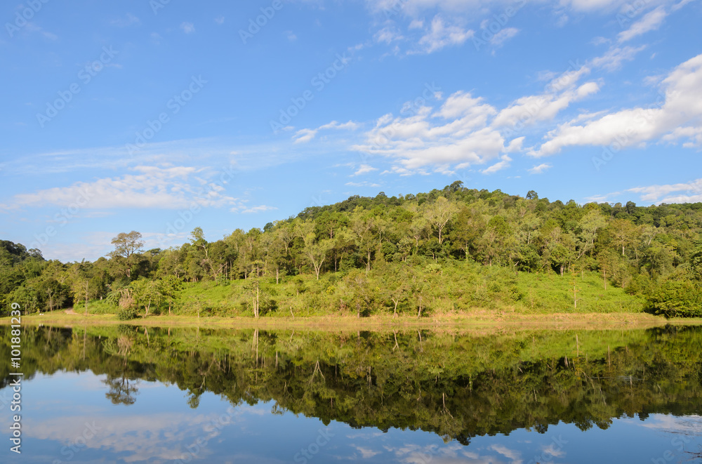 Scenic view of pine tree with lake. Pang Oung, a serene lake in a valley with surrounded by mountain ranges in Mae Hong Son, Thailand Scenic view of pine tree with lake. Pang Oung, a serene lake in a valley with surrounded by mountain ranges in Mae Hong Son, Thailand