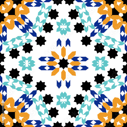 Gorgeous seamless pattern from blue Moroccan tiles, ornaments. 