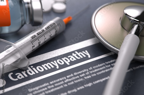 Cardiomyopathy - Printed Diagnosis on Grey Background. photo