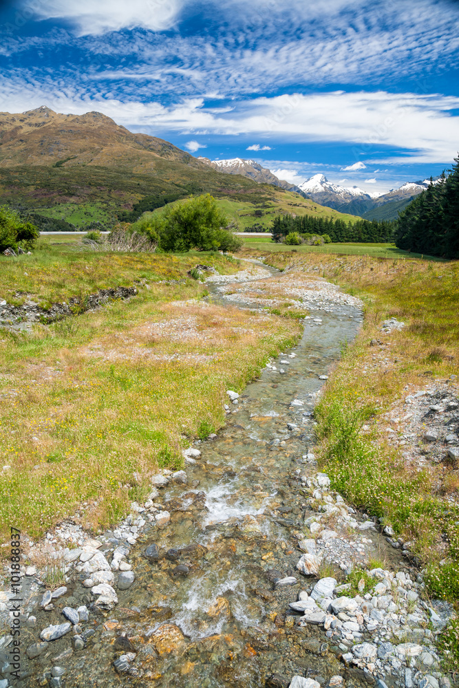 Fototapeta premium New Zealand's landscape with small stream or brook in foreground and snow capped mountains in background on a sunny summer day