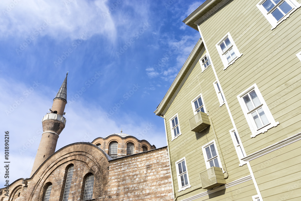 Exterior shot of an old Istanbul house and Kalenderhane Mosque, Istanbul, Turkey