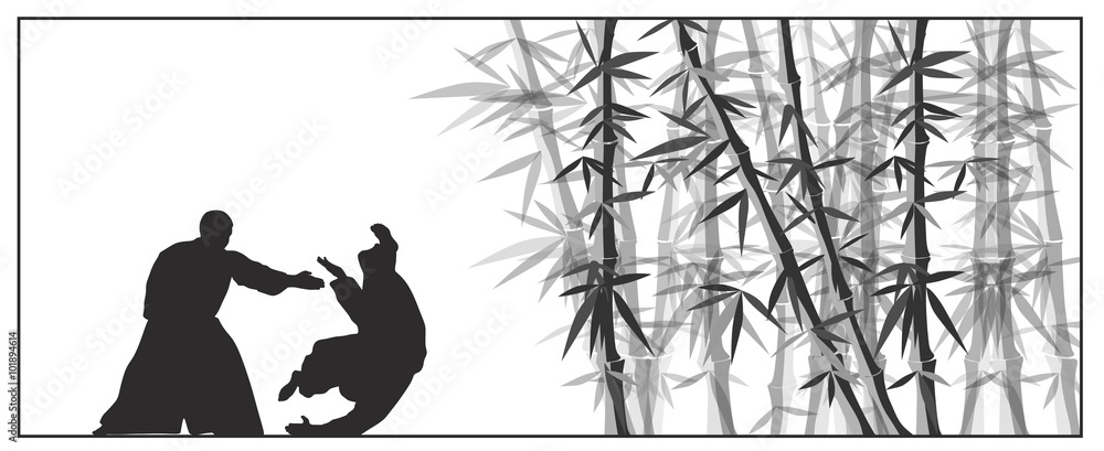 Εκτύπωση καμβά Two men occupy to Айкидо near the bamboo forest.