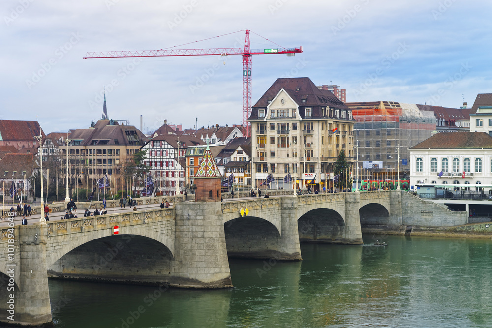Waterfront of Central Rhine Bridge in Old City of Basel