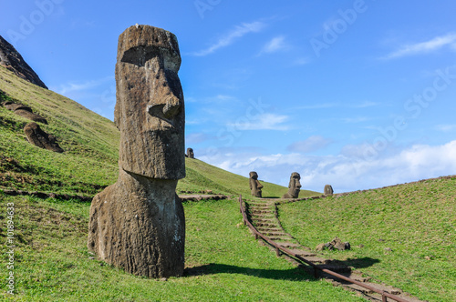 Moai statues in Rano Raraku Volcano, Easter Island, Chile photo