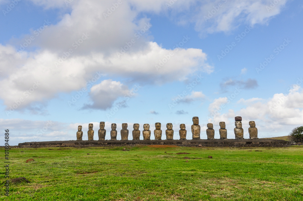 The 15 moai statues in Ahu Tongariki, Easter Island, Chile