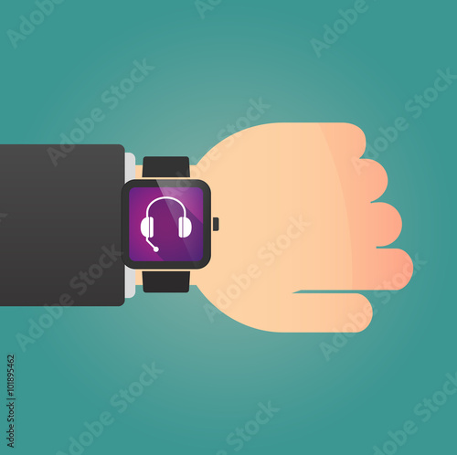 Man showing a smart watch with  a hands free phone device