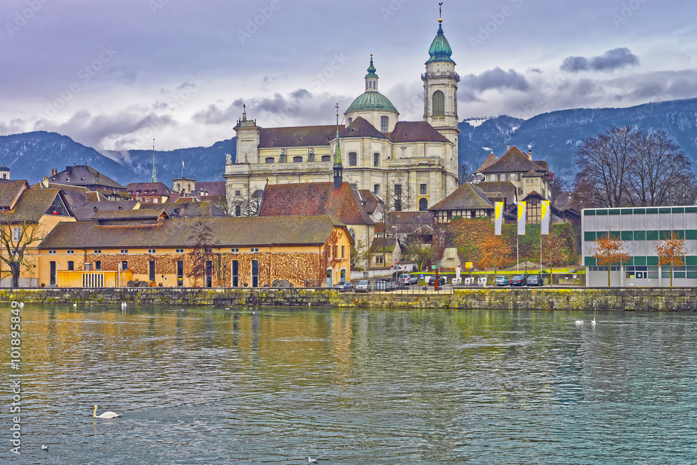 Naklejka premium Waterfront of St Ursus Cathedral in Solothurn