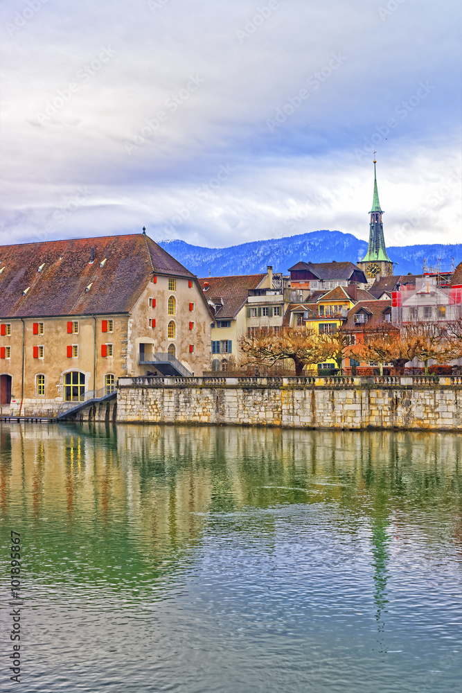 Waterfront with Landhaus and Clock Tower of Solothurn in Switzerland
