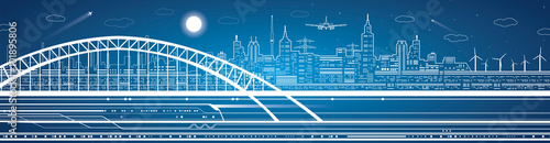 Train move on the bridge, light city on the background, transport and infrastructure panorama, airplane fly, neon lights, vector design