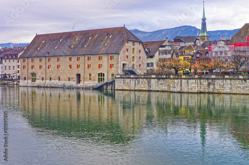 Waterfront with Landhaus and Clock Tower in Solothurn in Switzerland