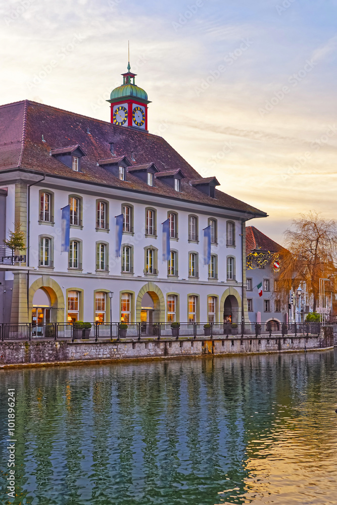 Building with Clock tower in Embankment of Thun Old Town