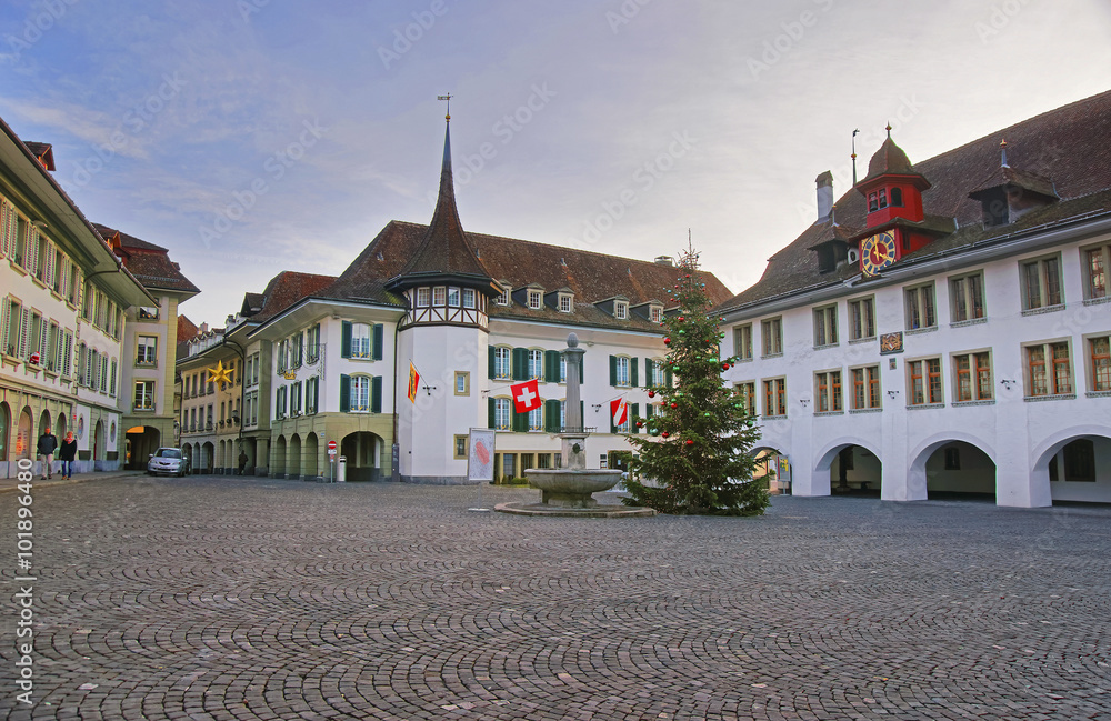 Town Hall Square with Christmas tree in Thun Old City