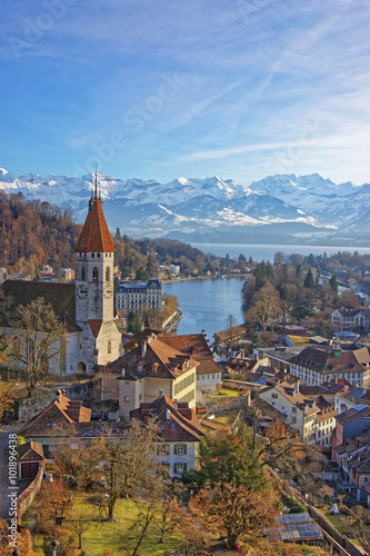 Panorama of Thun Town and Church with Alps and Thunersee