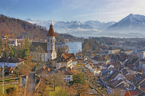 Panorama of Thun Church and Town with Thunersee and Alps