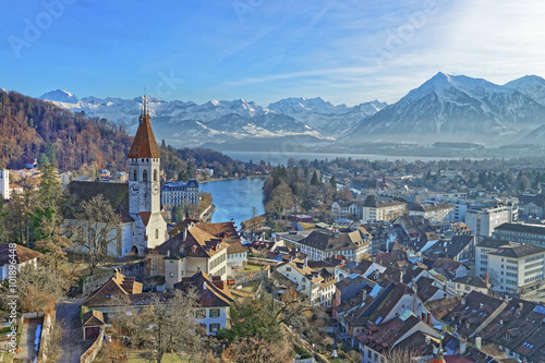 Panorama of Thun Church and City with Thunersee and Alps