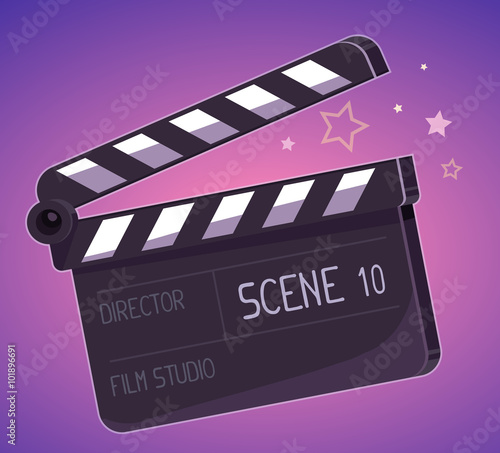 Vector illustration of big clapper board on purple background.