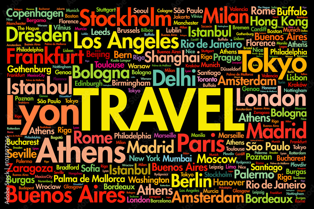 TRAVEL word cloud concept made with words cities names, business concept background