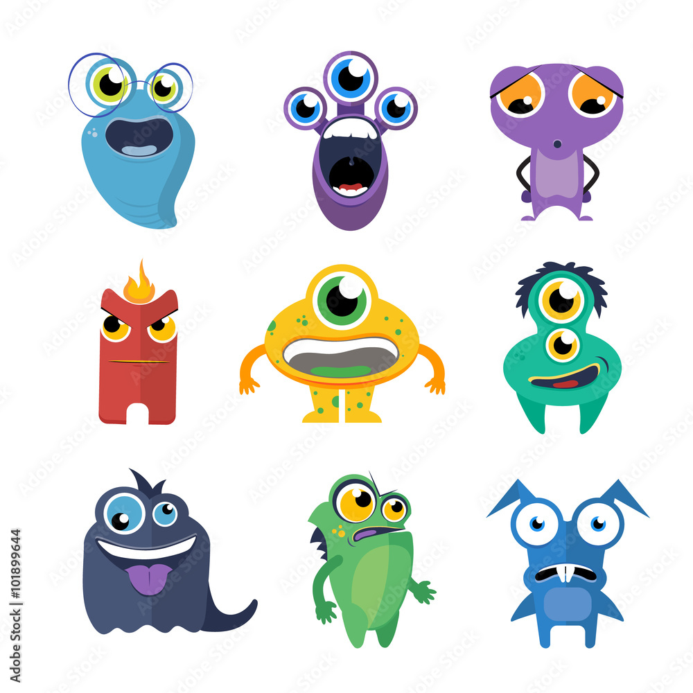 Cute monsters vector set in cartoon style. Alien cartoon character, creature collection fun illustration Cute monsters vector set in cartoon style. Alien cartoon character, creature collection fun illustration