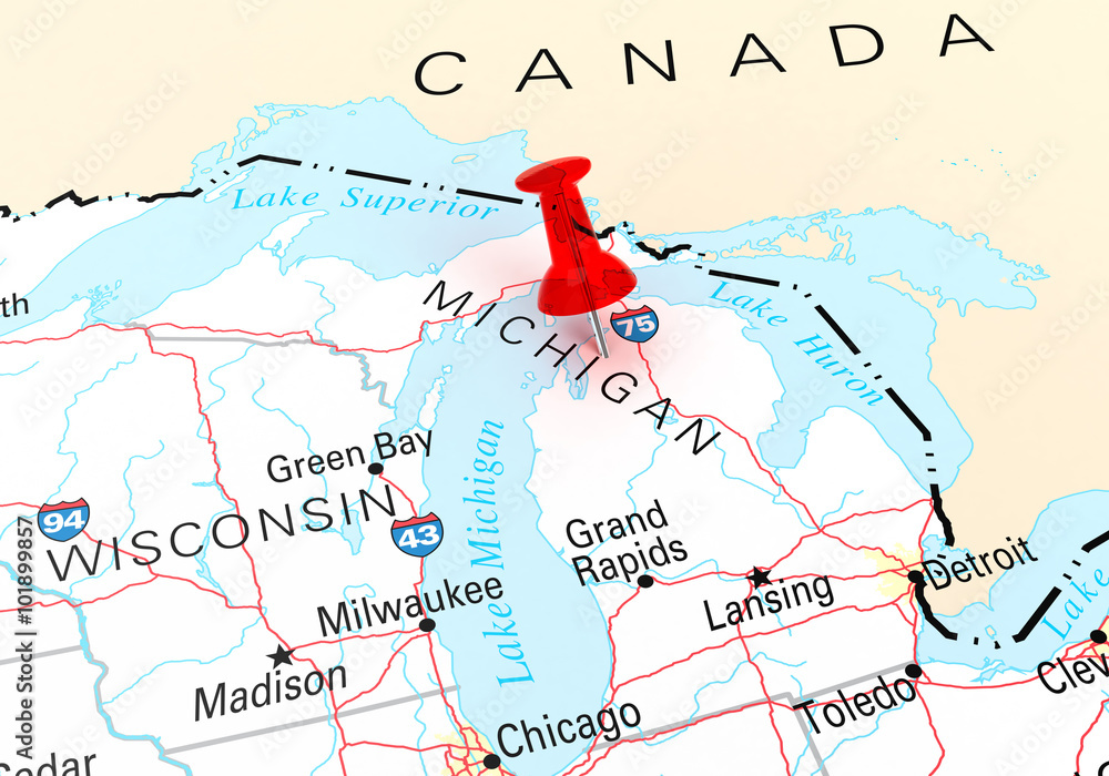 Obraz premium Red Thumbtack Over Michigan State USA Map