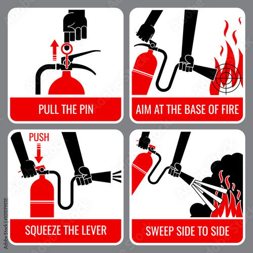 Fire extinguisher vector instruction. Warning and danger, flame and caution, informational banner illustration