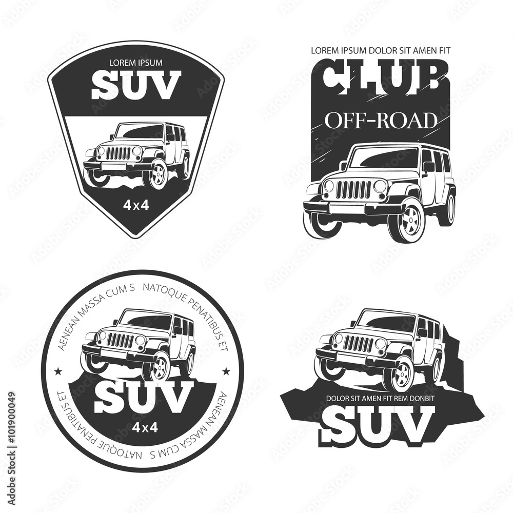 Suv car vector emblems, labels and logos. Offroad extreme expedition, 4x4 vehicle illustration