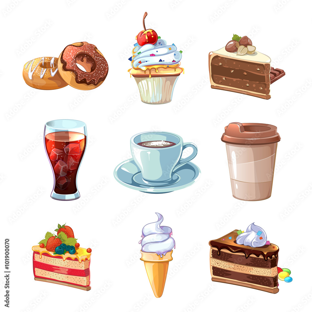 Fotografie Street cafe products vector cartoon set