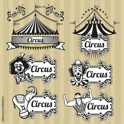 Vintage circus vector emblems, logos, labels set. Circus emblem, retro circus logo, carnival circus tent illustration