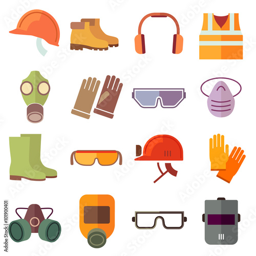 Flat job safety equipment vector icons set. Safety icon, helmet equipment, job industrial, safety headgear and protection boot illustration